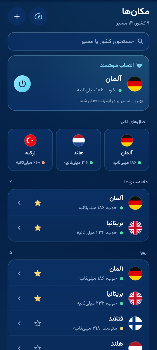 صفحهٔ «مکان‌ها» با «انتخاب هوشمند»، اتصال‌های اخیر و علاقه‌مندی‌ها