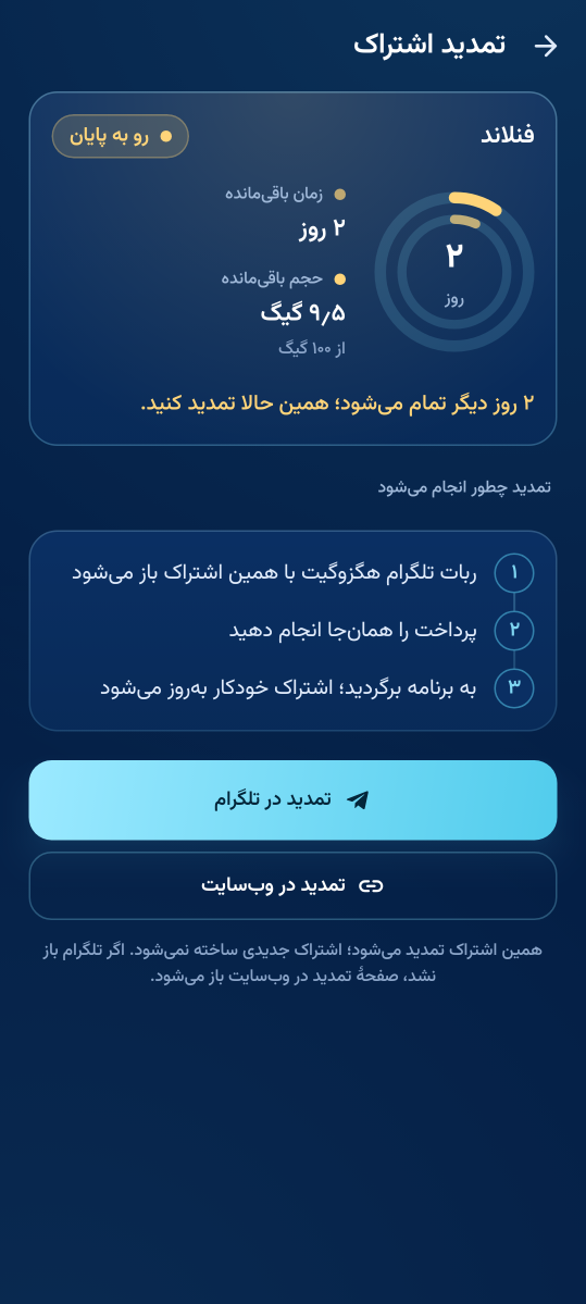 صفحهٔ «تمدید اشتراک» با دکمه‌های «تمدید در تلگرام» و «تمدید در وب‌سایت»